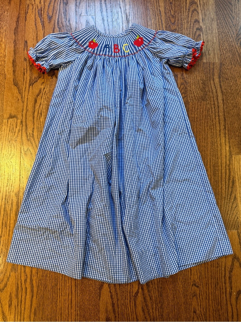 NWOT Delaney Blue Gingham Smocked Dress with Red Apple and ABC Appliqués Sz 6